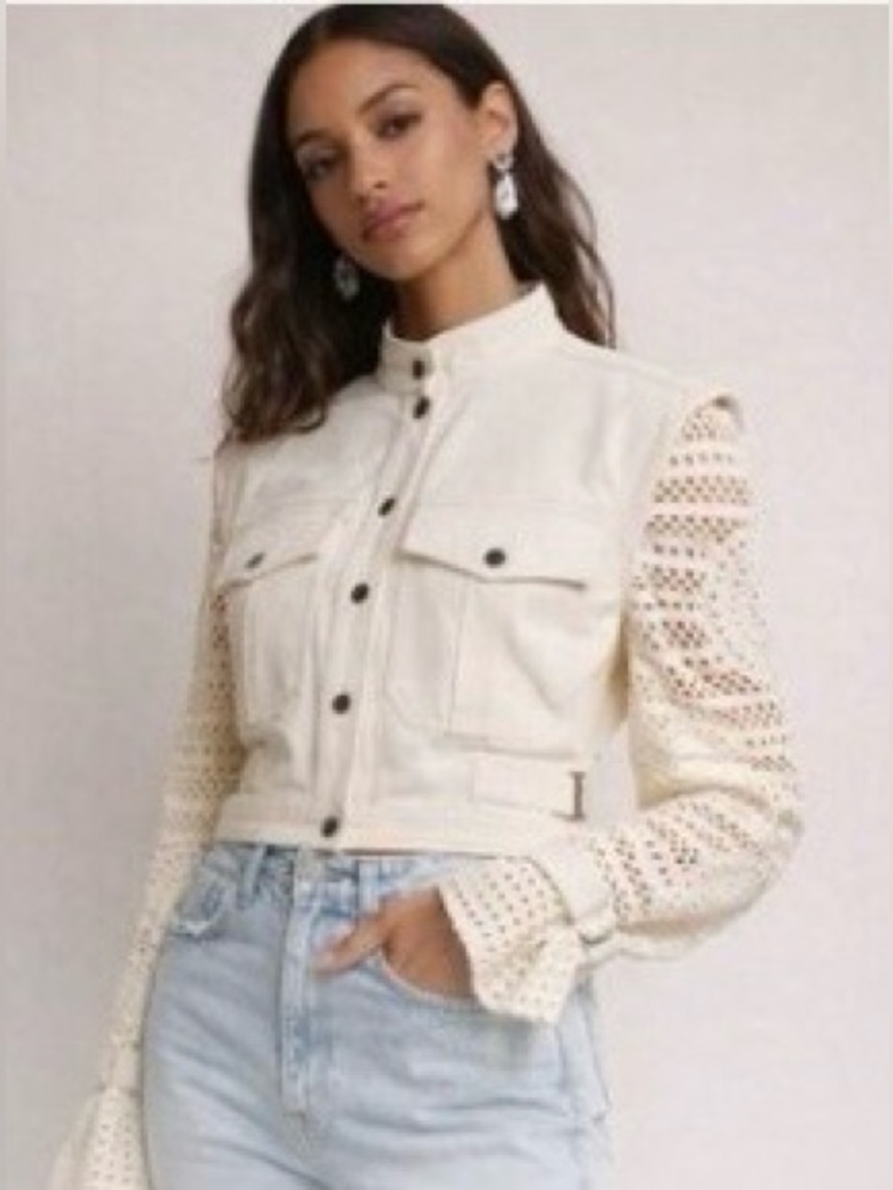 Veronica Beard Cream Crochet-Sleeve Jean Jacket